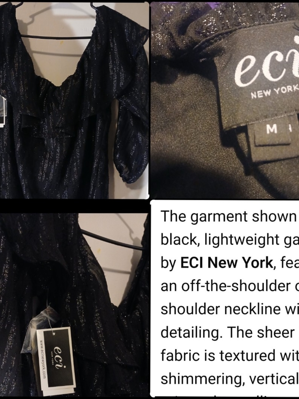 ECI Black Shimmery Off-Shoulder Ruffle Tunic Top